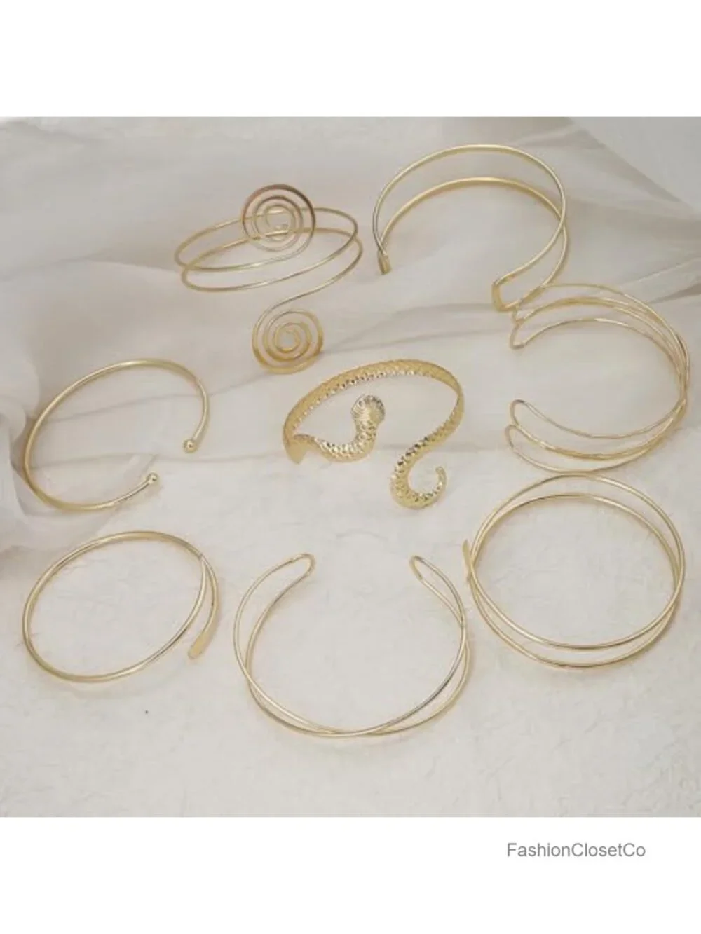 8pcs Gold Silver Arm Cuff Bracelet Set Adjustable Coil Swirl Armlet Stackable
